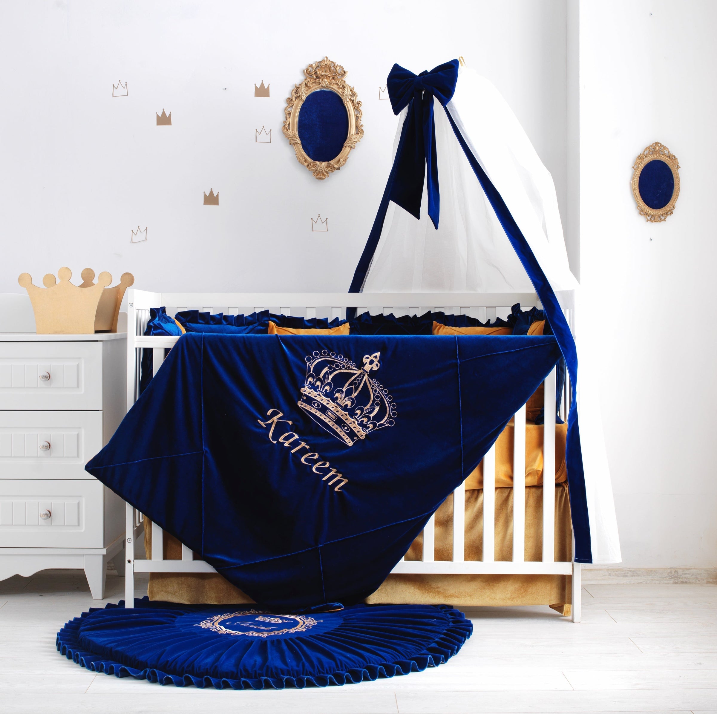 A complete crib bedding set for boys, showcasing the safe, soft fabric and stylish design from Boss & Baby.