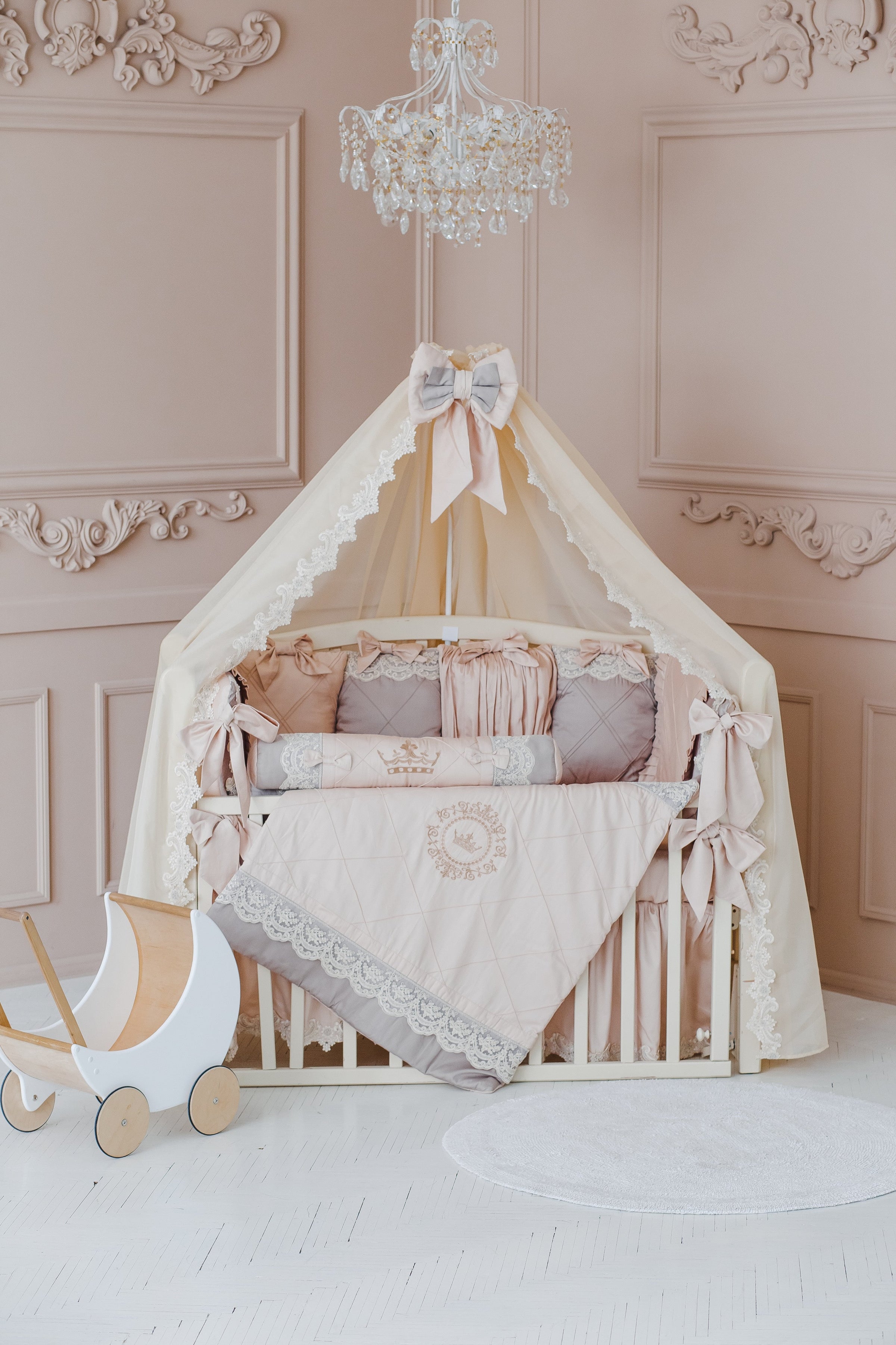 Collection of safe and stylish crib bedding sets for girls, displayed in a serene and modern setting.