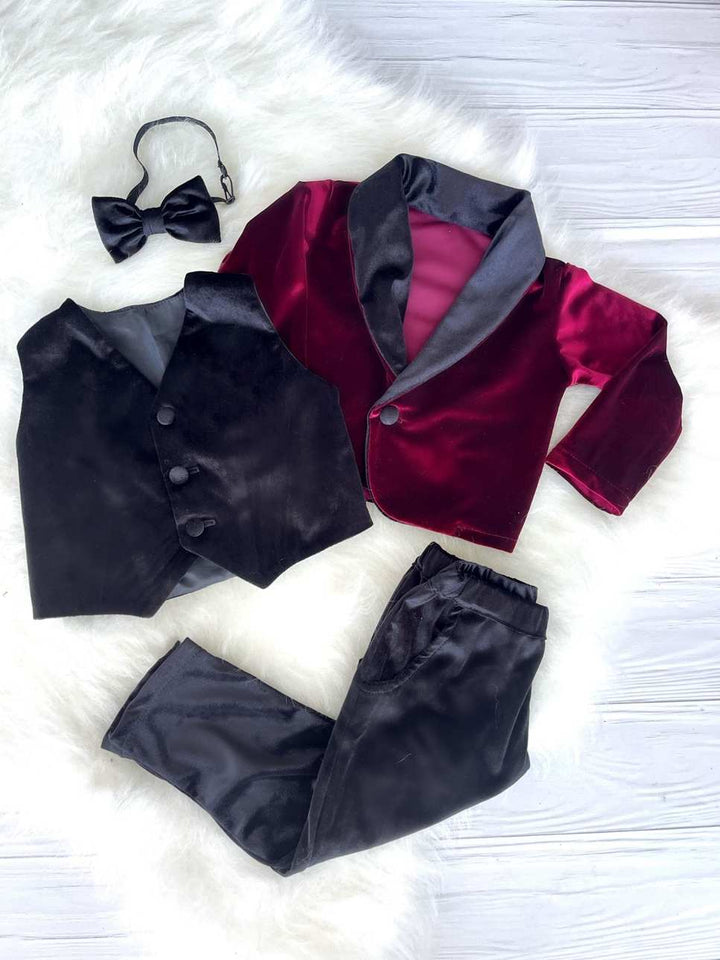 Baby Boy Velvet Tuxedo – Burgundy Jacket with Black Collar