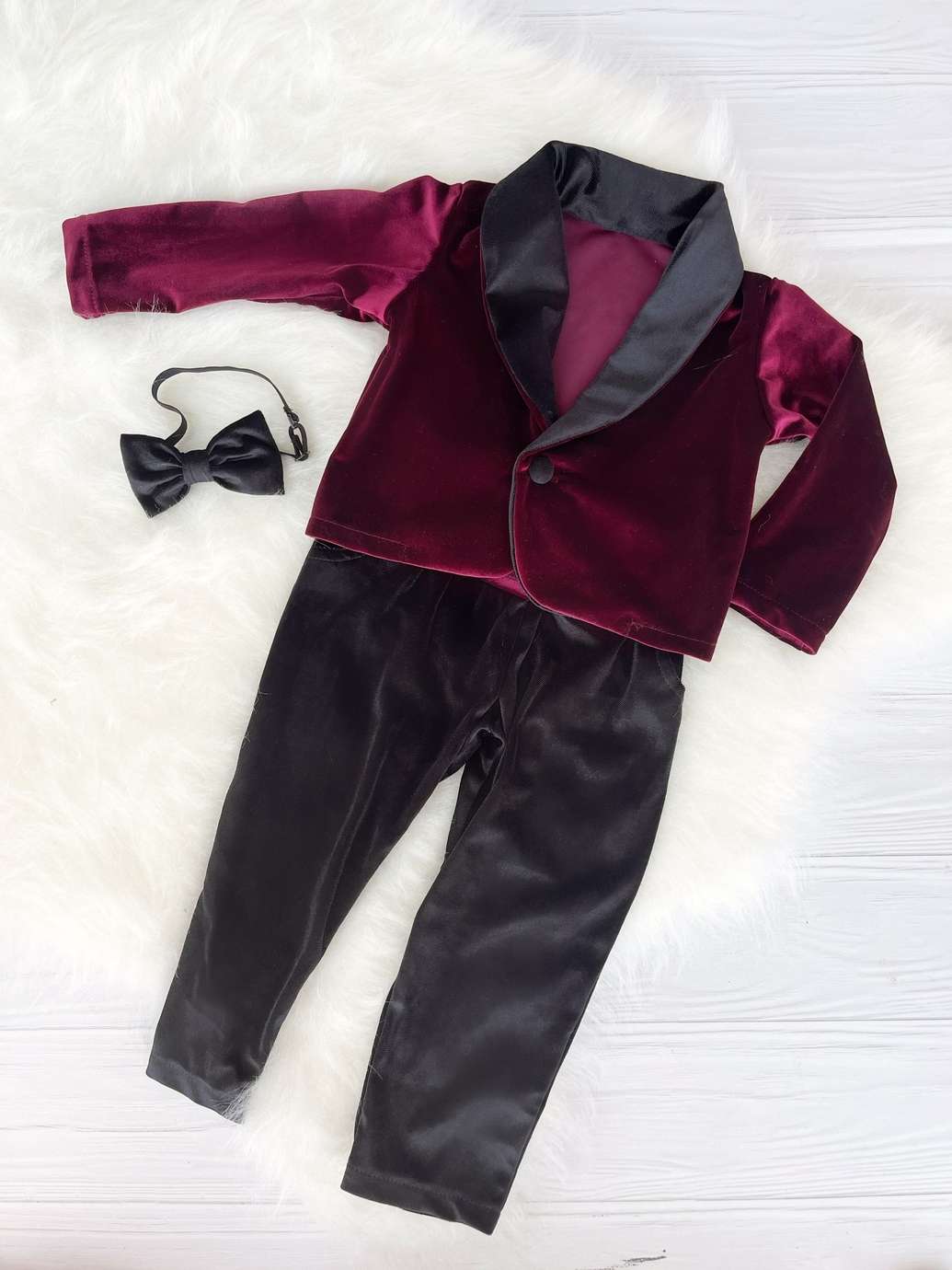 Baby Boy Velvet Tuxedo – Burgundy Jacket with Black Collar