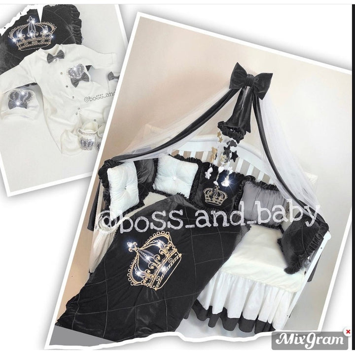Black Velvet & White Cotton Baby Crib Bedding Set with Crown