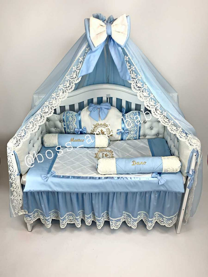 Blue & White Satin Baby Boy Bedding with Lace & Rhinestones