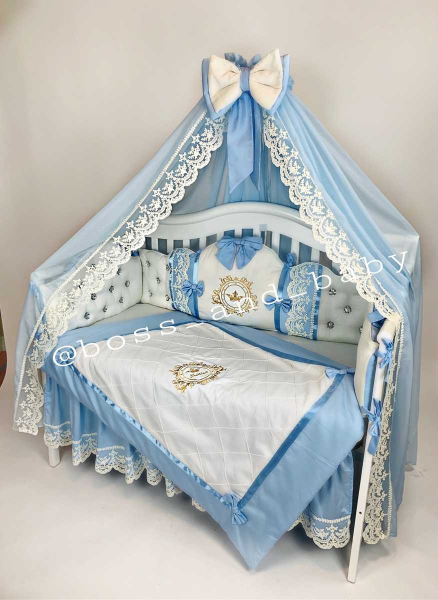 Blue & White Satin Baby Boy Bedding with Lace & Rhinestones