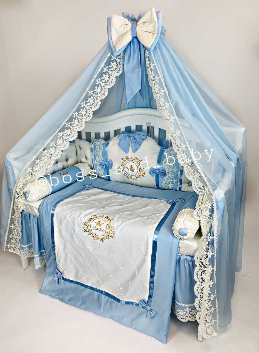 Blue & White Satin Baby Boy Bedding with Lace & Rhinestones