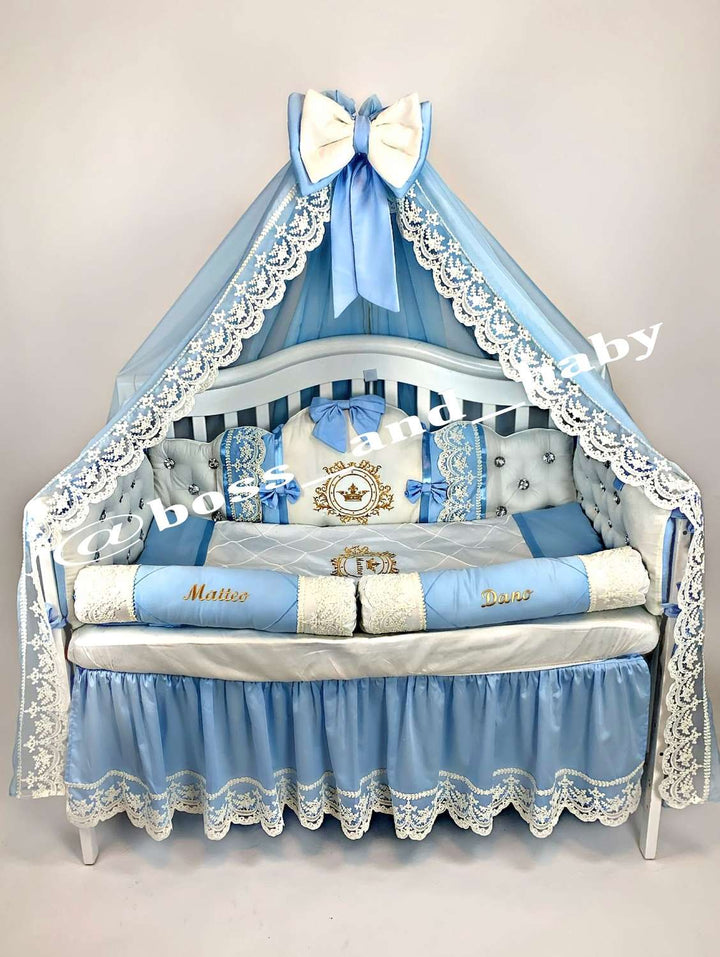 Blue & White Satin Baby Boy Bedding with Lace & Rhinestones