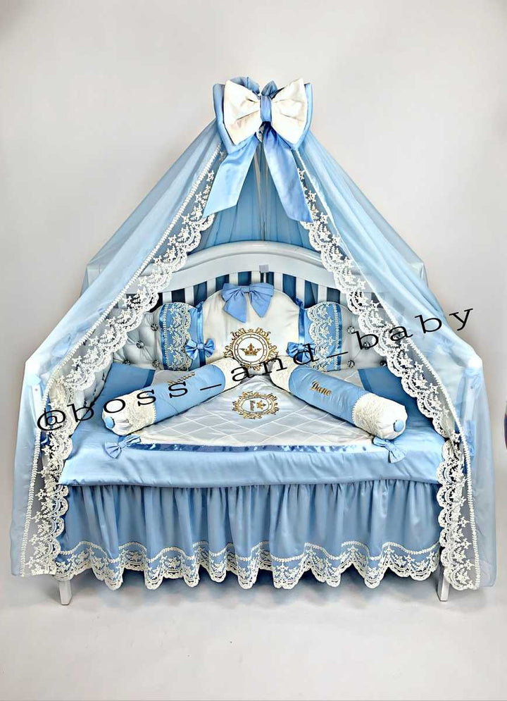 Blue & White Satin Baby Boy Bedding with Lace & Rhinestones