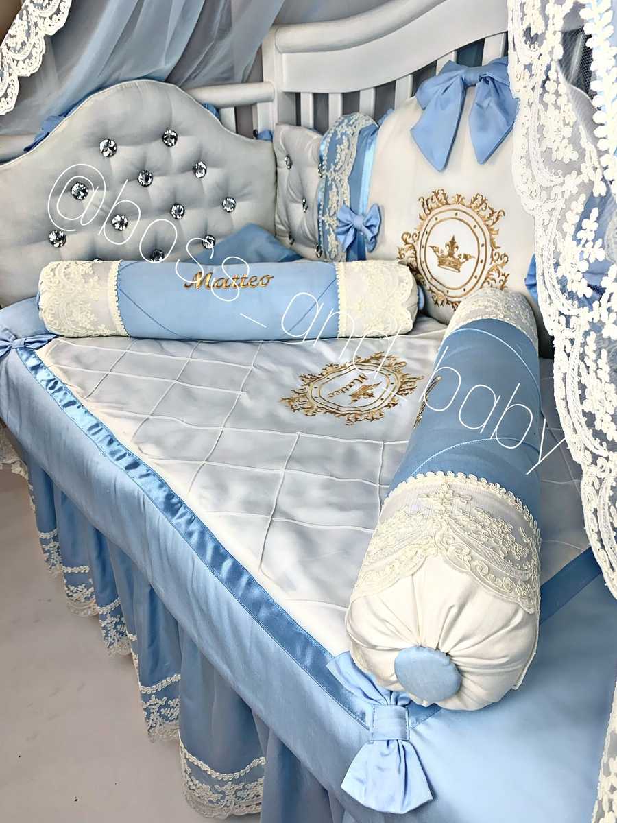 Blue & White Satin Baby Boy Bedding with Lace & Rhinestones