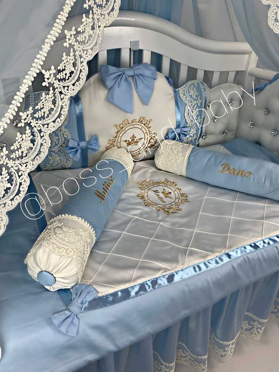 Blue & White Satin Baby Boy Bedding with Lace & Rhinestones