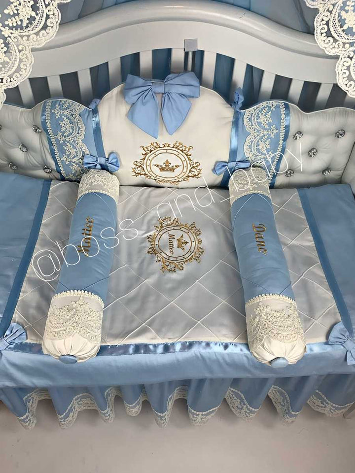 Blue & White Satin Baby Boy Bedding with Lace & Rhinestones