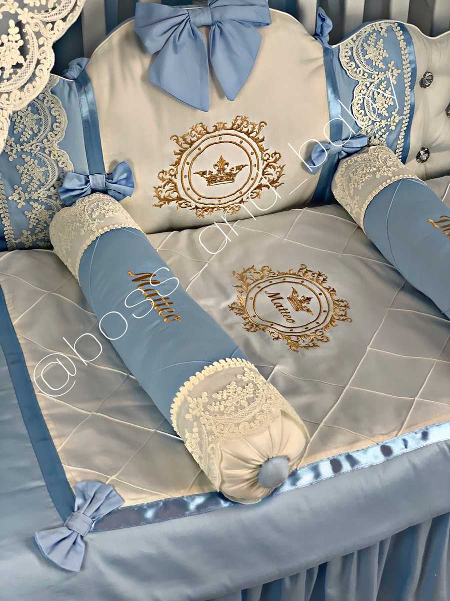 Blue & White Satin Baby Boy Bedding with Lace & Rhinestones