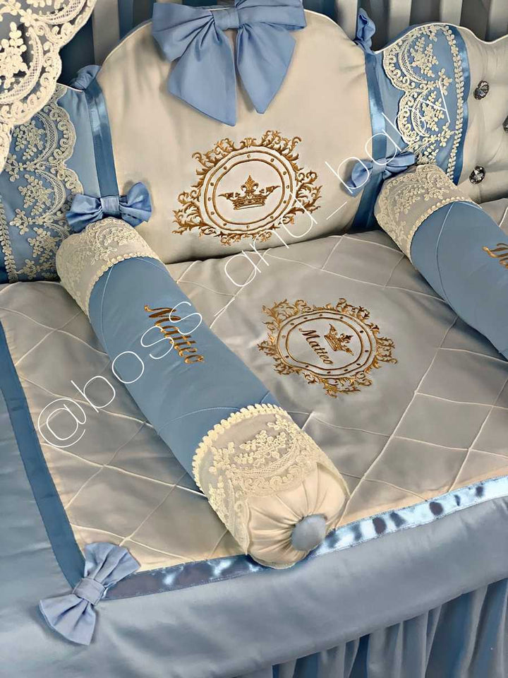 Blue & White Satin Baby Boy Bedding with Lace & Rhinestones