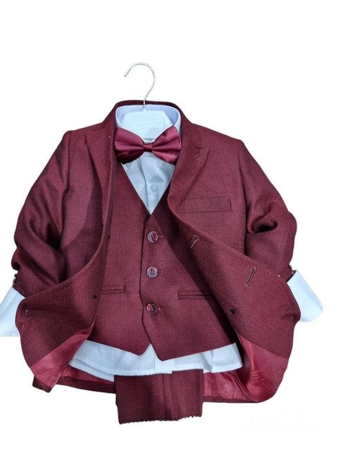 Boys 5-Piece Burgundy Tuxedo Suit with Jacket and Bow Tie