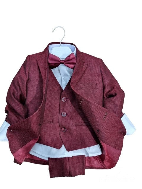 Boys 5-Piece Burgundy Tuxedo Suit with Jacket and Bow Tie