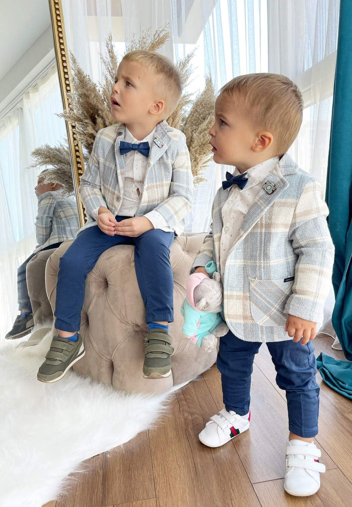 Boys’ Blue Checkered Suit with Navy Pants and Bow Tie