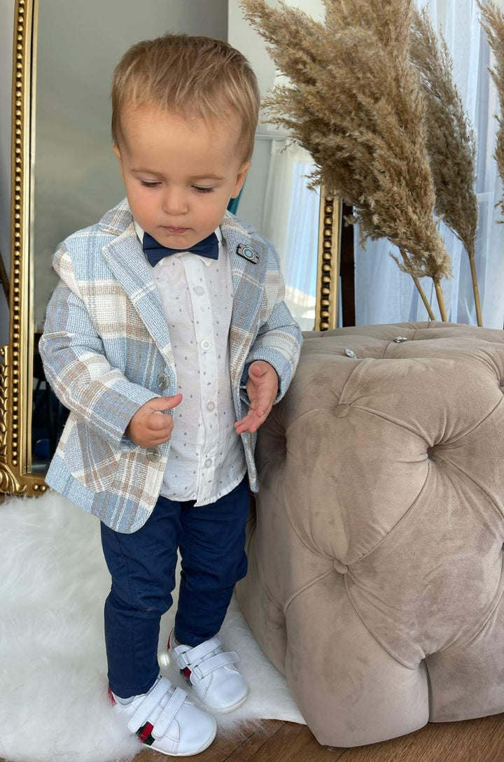 Boys’ Blue Checkered Suit with Navy Pants and Bow Tie