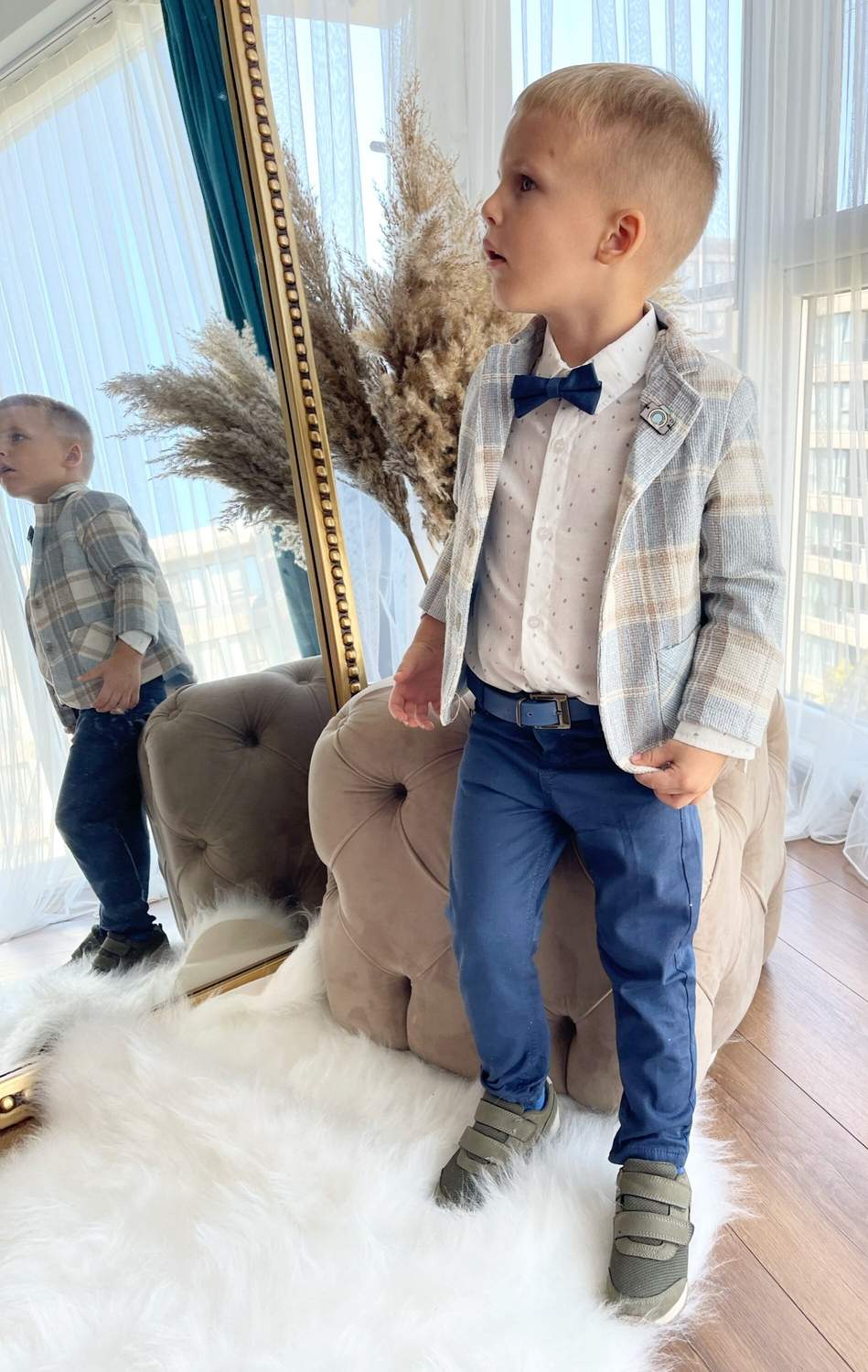 Boys’ Blue Checkered Suit with Navy Pants and Bow Tie