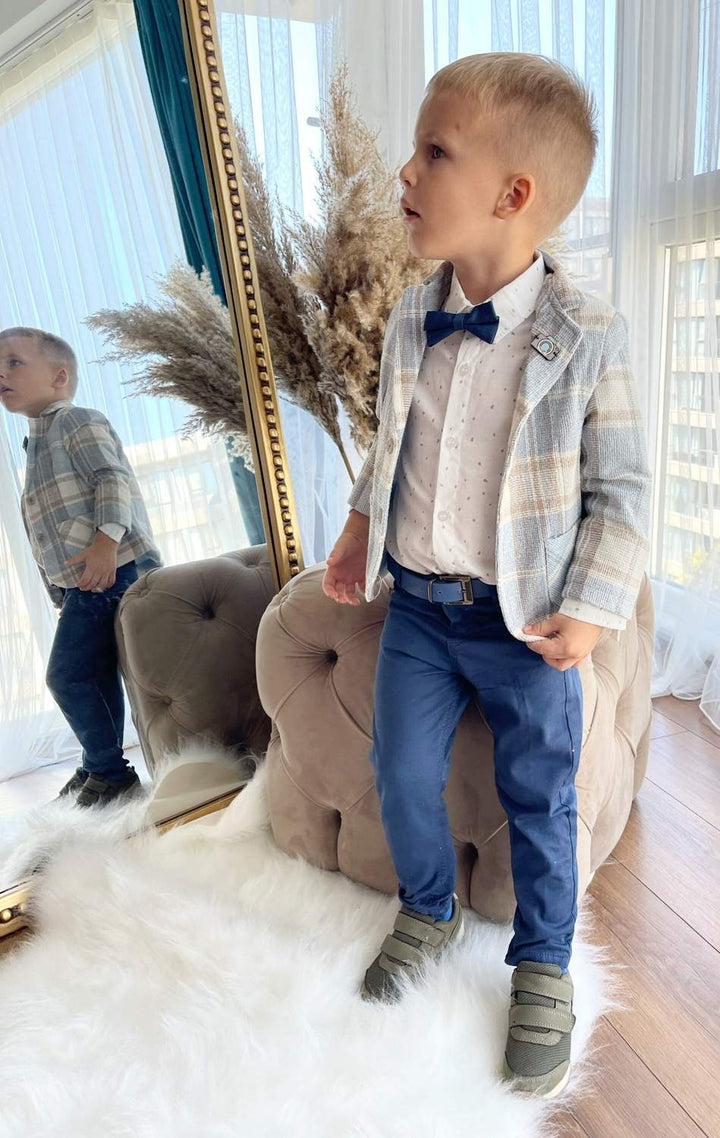 Boys’ Blue Checkered Suit with Navy Pants and Bow Tie