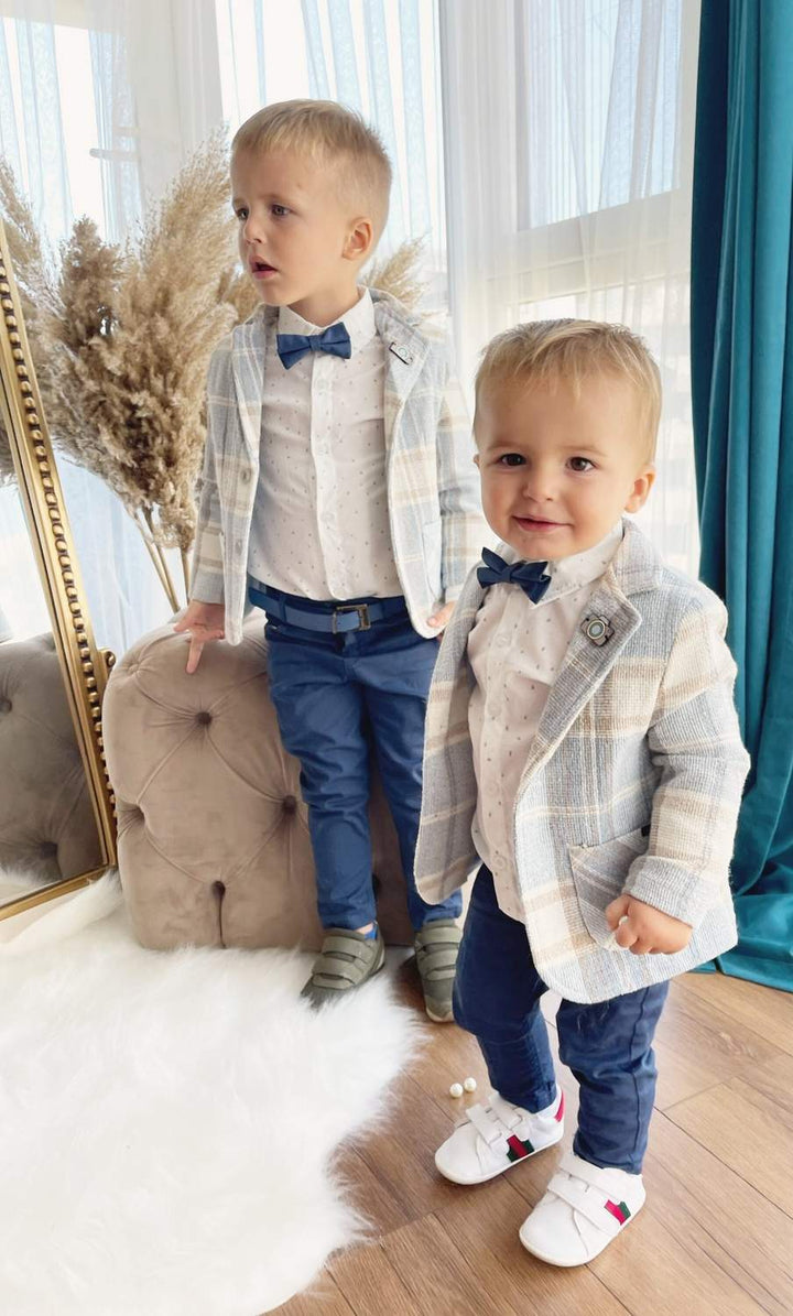 Boys’ Blue Checkered Suit with Navy Pants and Bow Tie