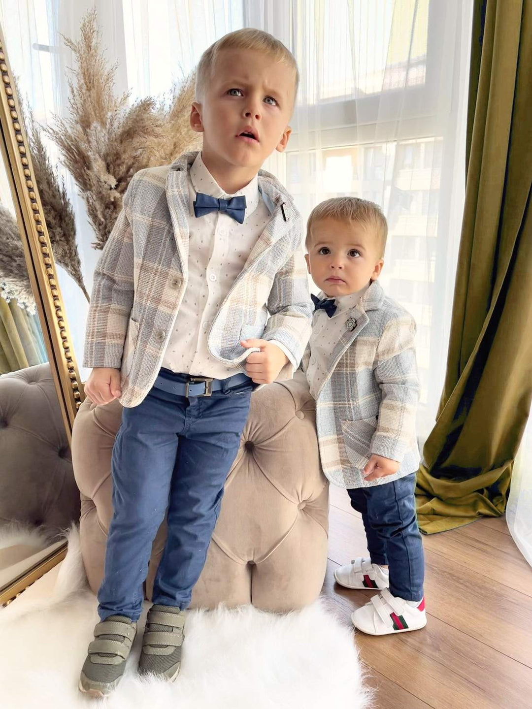 Boys’ Blue Checkered Suit with Navy Pants and Bow Tie