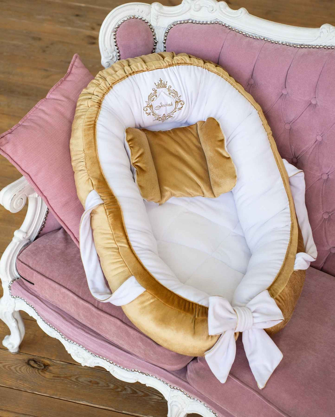 Custom Baby Nest Co-Sleeper – Neutral Gold & White Bedding