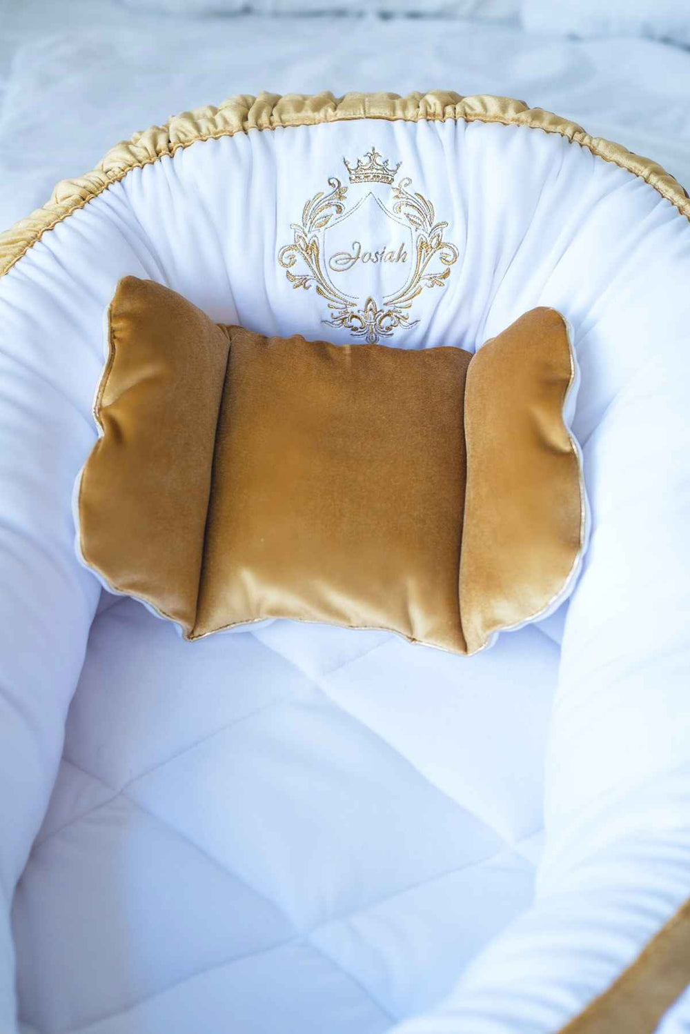 Custom Baby Nest Co-Sleeper – Neutral Gold & White Bedding