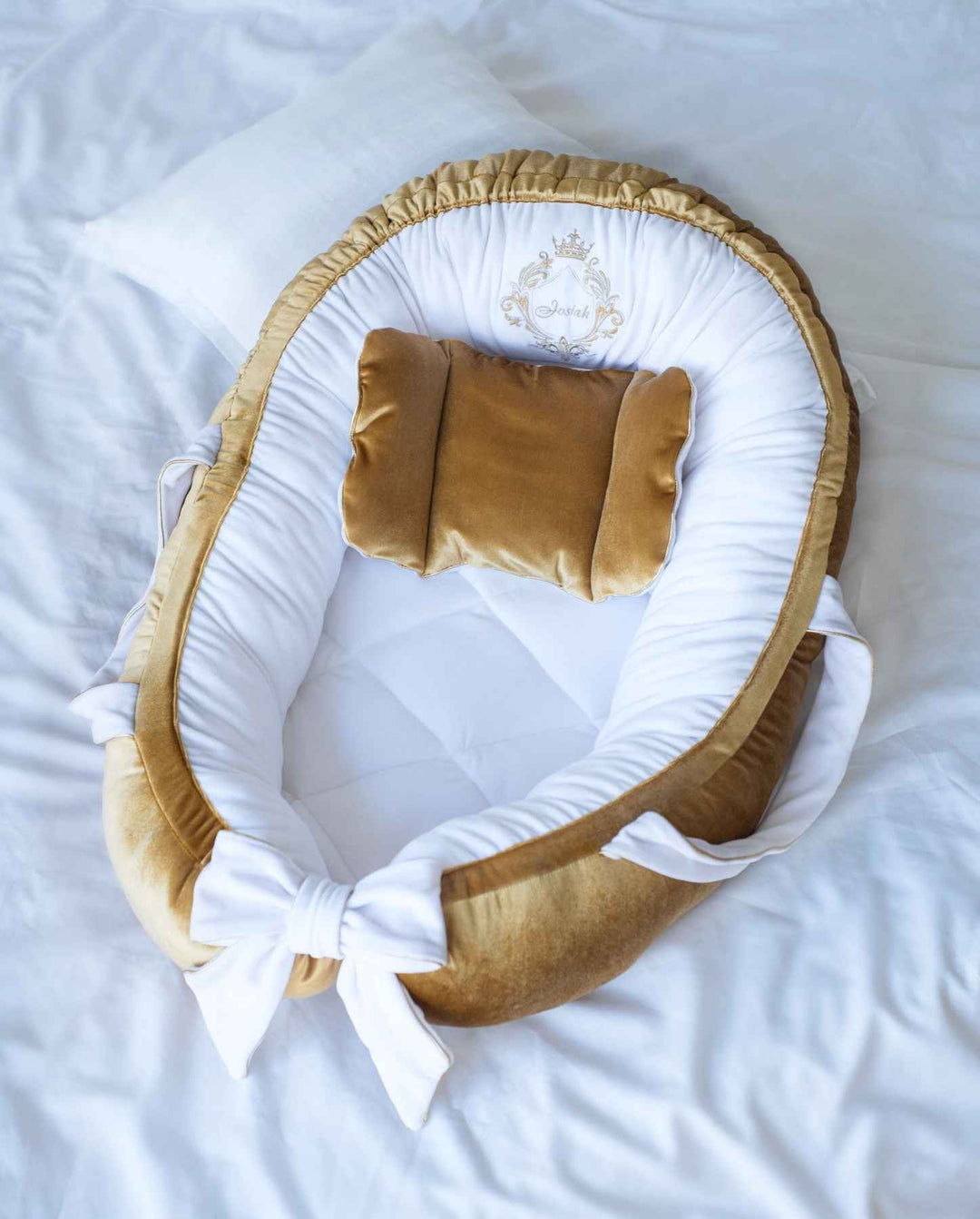 Custom Baby Nest Co-Sleeper – Neutral Gold & White Bedding