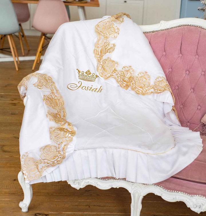 Custom Baby Nest Co-Sleeper – Neutral Gold & White Bedding