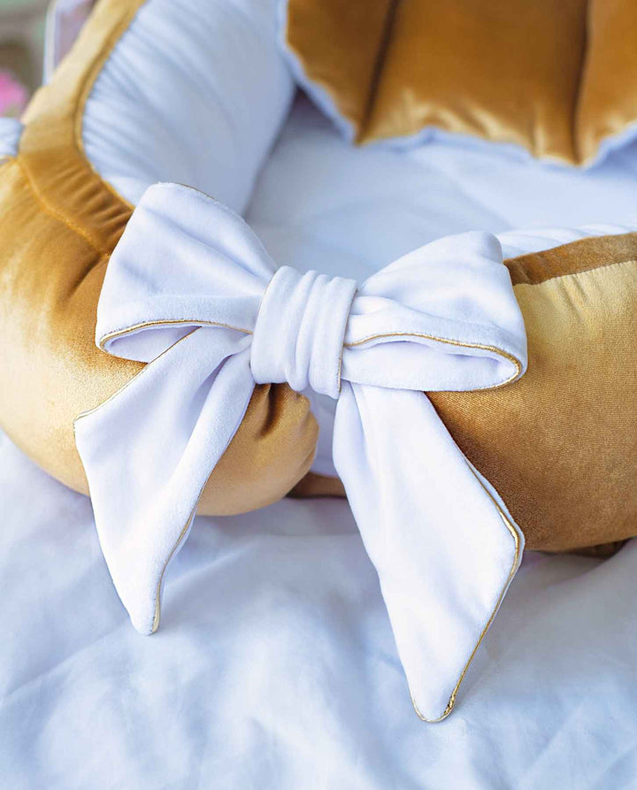 Custom Baby Nest Co-Sleeper – Neutral Gold & White Bedding