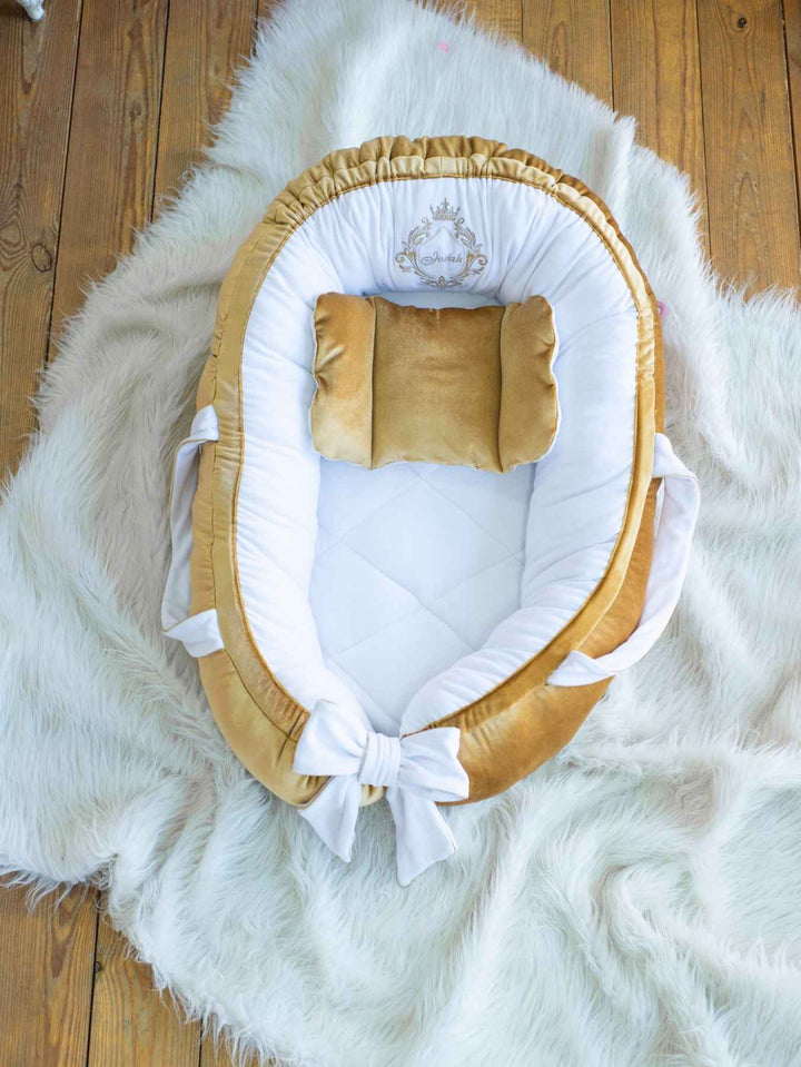 Custom Baby Nest Co-Sleeper – Neutral Gold & White Bedding