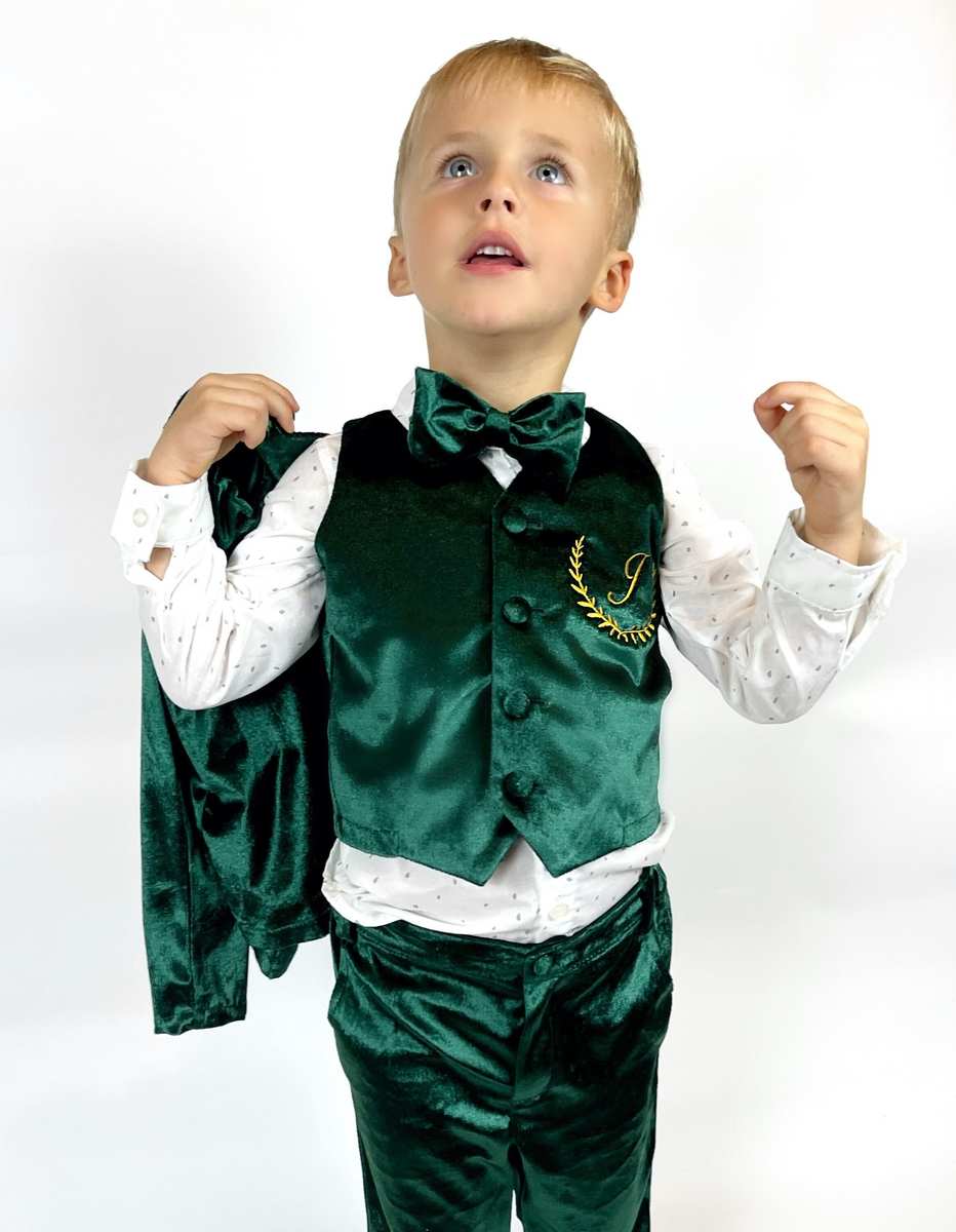 Emerald Green Velvet Baby Boy Suit – 4-Piece Tuxedo