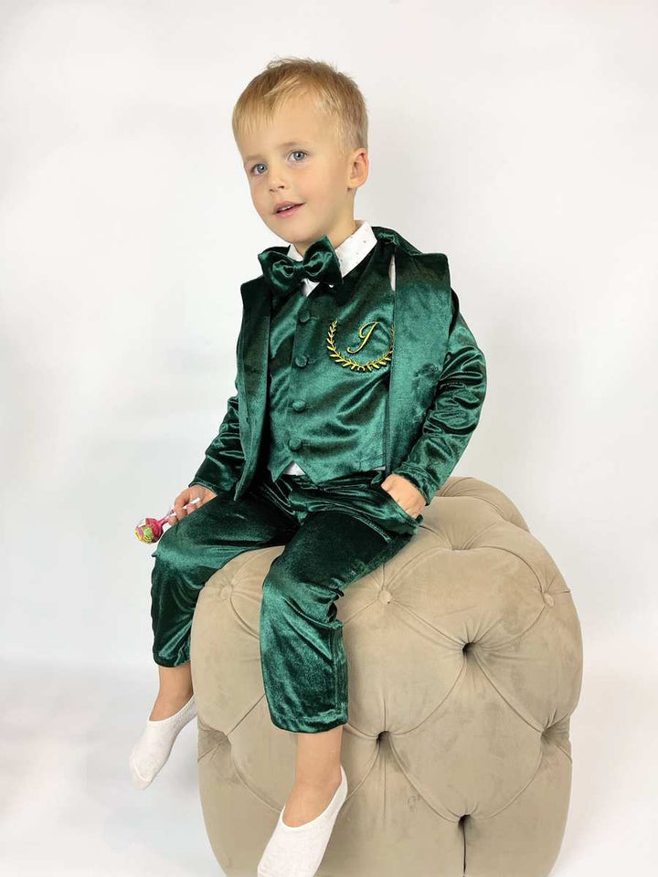 Emerald Green Velvet Baby Boy Suit – 4-Piece Tuxedo