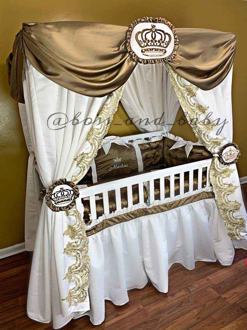 Gold Baby Boy Crib Bedding Set with Lace & Canopy
