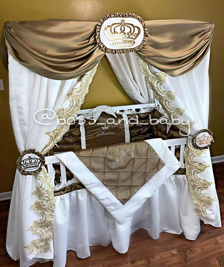 Gold Baby Boy Crib Bedding Set with Lace & Canopy