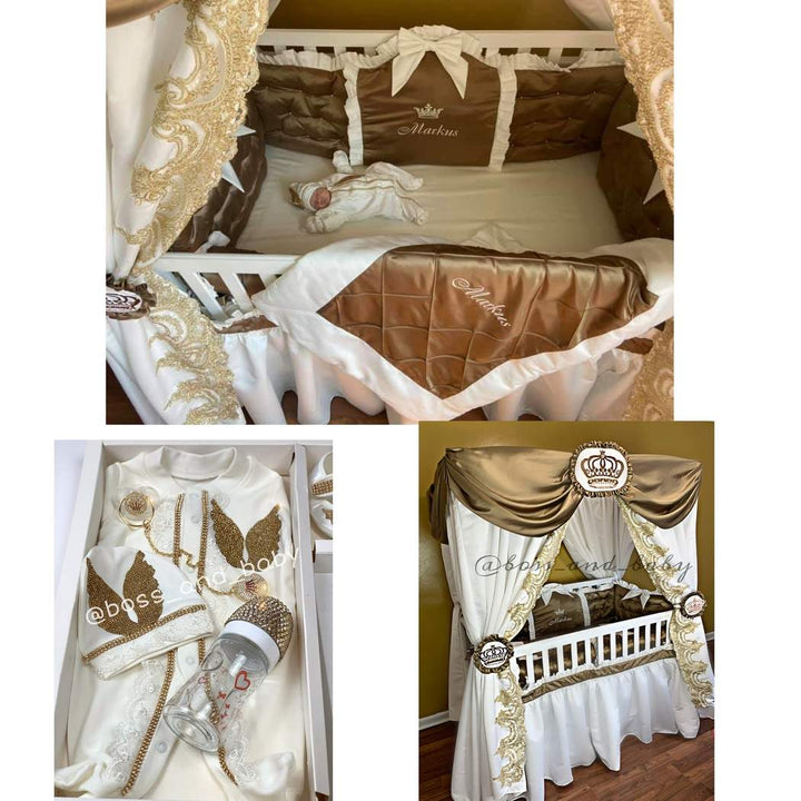 Gold Baby Boy Crib Bedding Set with Lace & Canopy