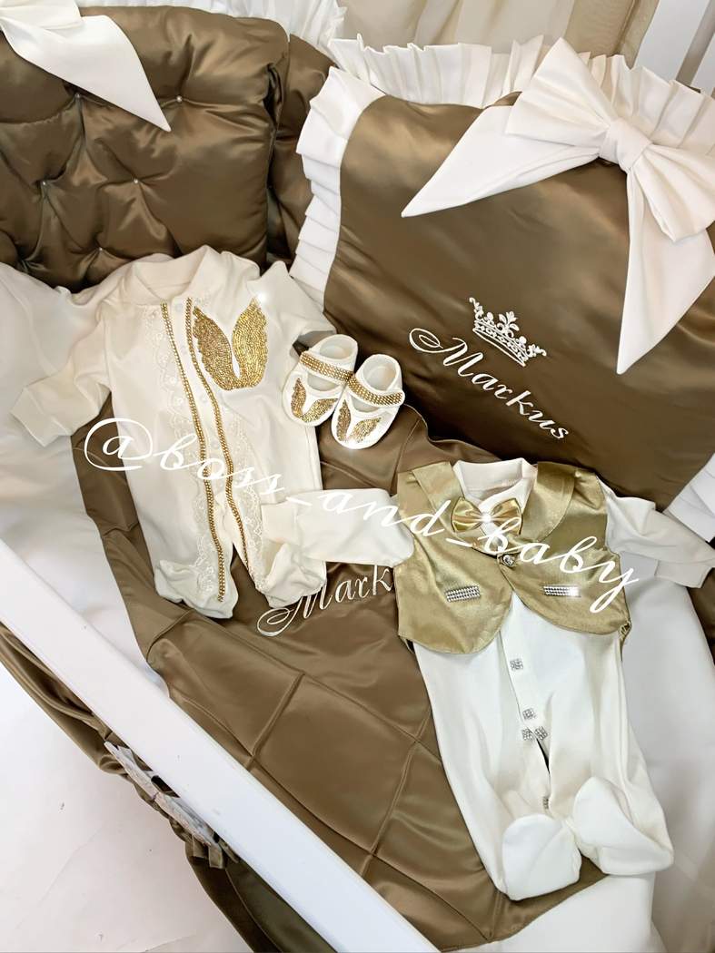 Gold Baby Boy Crib Bedding Set with Lace & Canopy