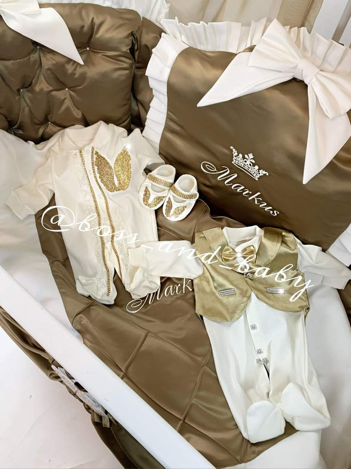 Gold Baby Boy Crib Bedding Set with Lace & Canopy