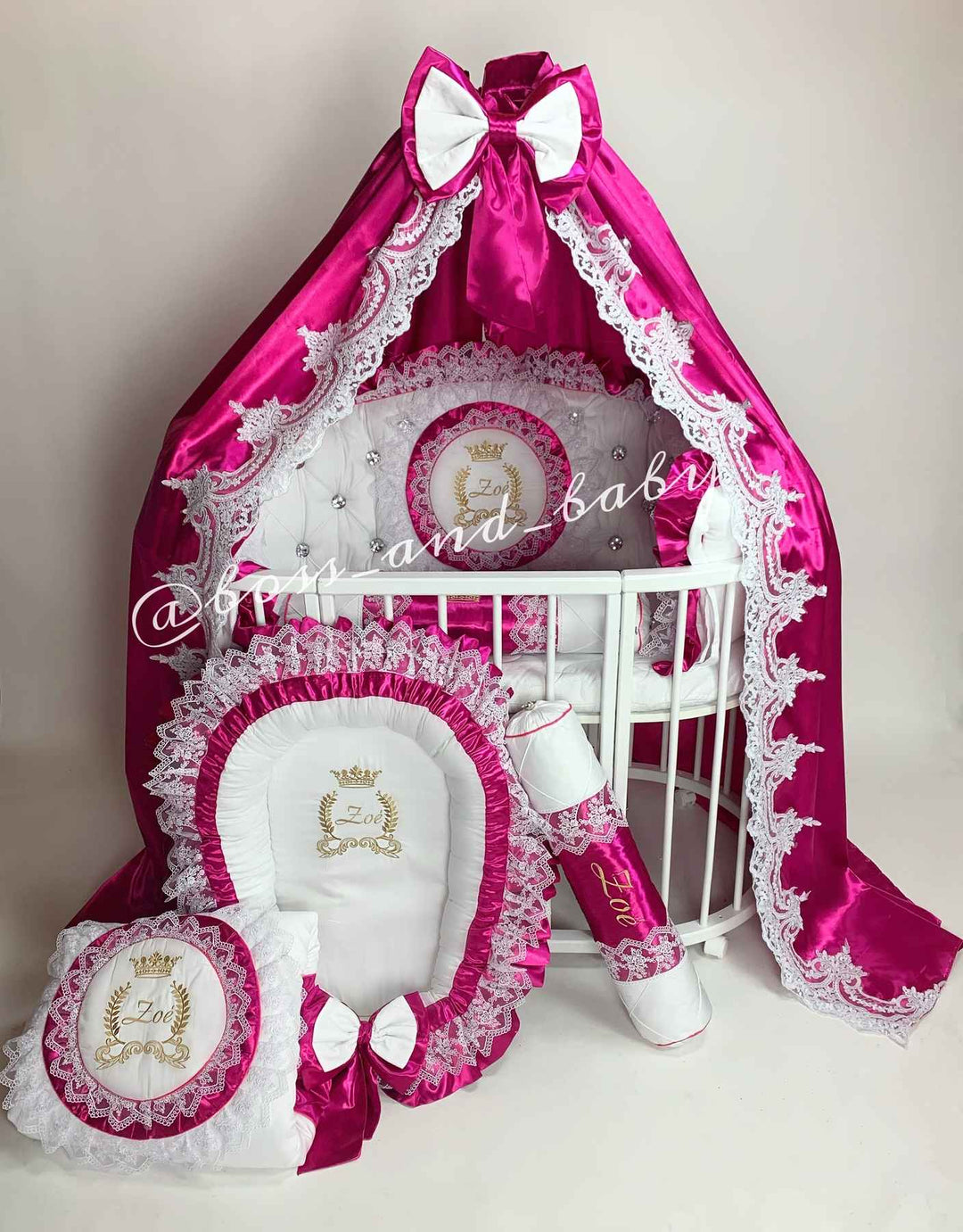 Hot Pink Baby Girl Crib Bedding with Embroidery