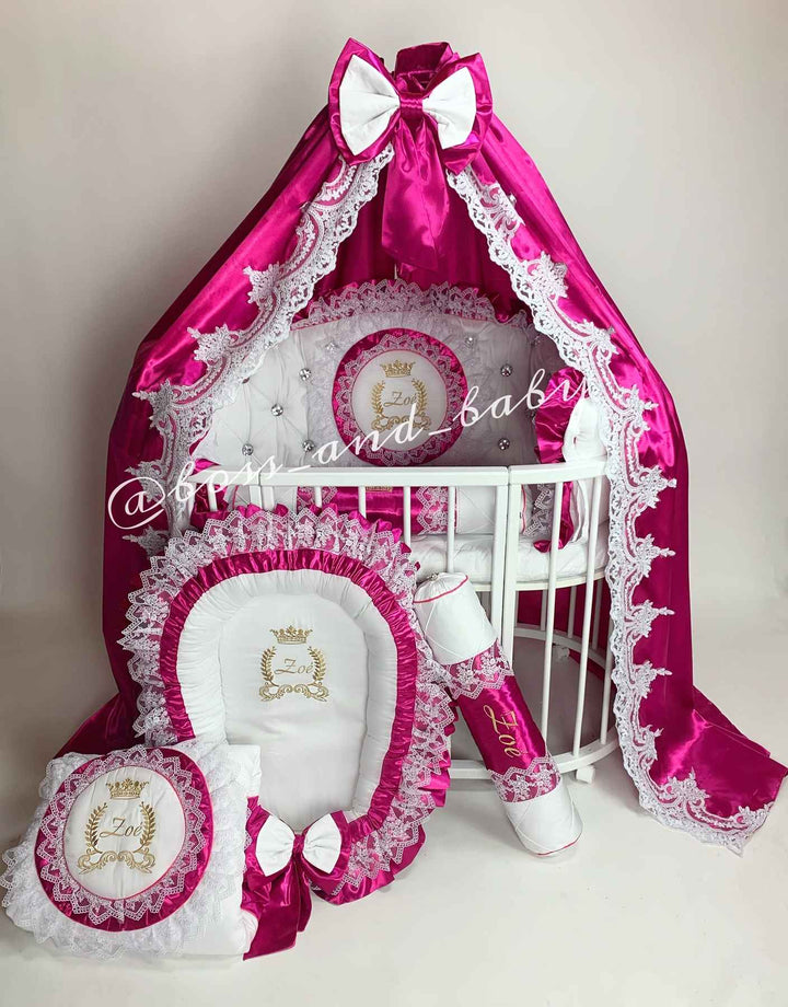 Hot Pink Baby Girl Crib Bedding with Embroidery