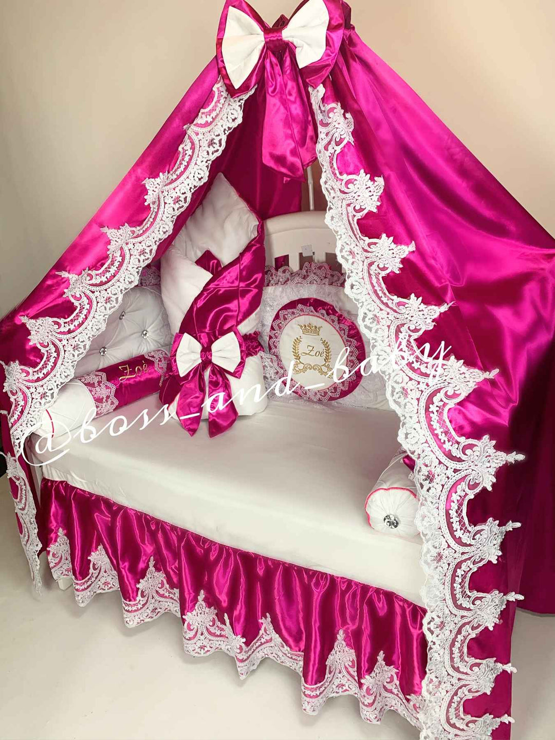 Hot Pink Baby Girl Crib Bedding with Embroidery