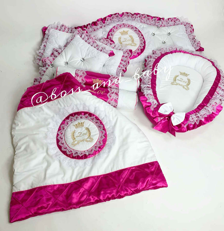 Hot Pink Baby Girl Crib Bedding with Embroidery