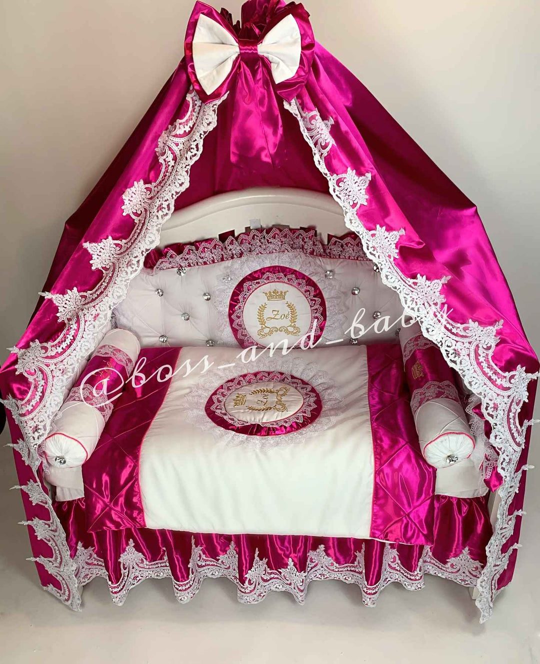 Hot Pink Baby Girl Crib Bedding with Embroidery