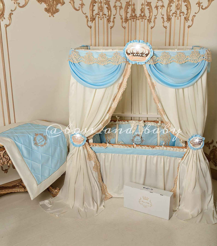 Luxury Baby Blue & Ivory Lace Bedding Set for Cribs