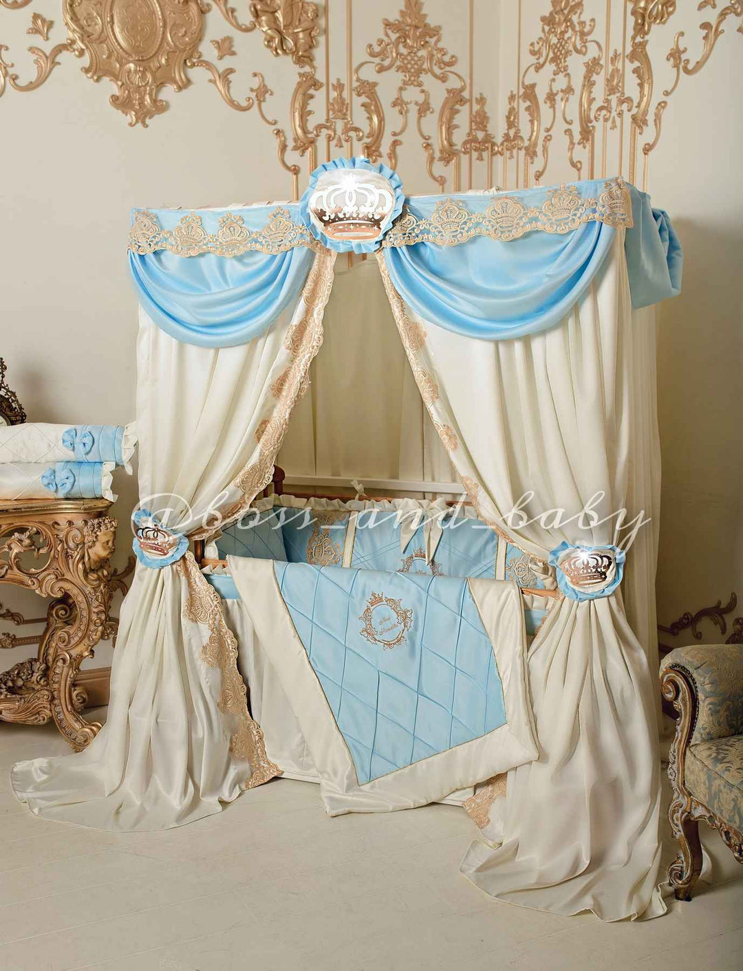 Luxury Baby Blue & Ivory Lace Bedding Set for Cribs