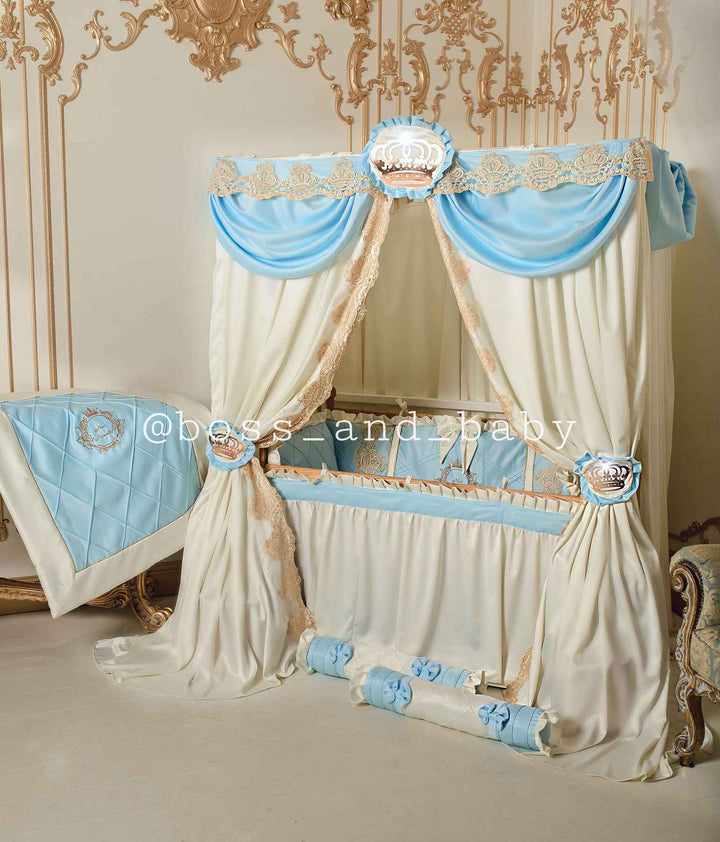 Luxury Baby Blue & Ivory Lace Bedding Set for Cribs