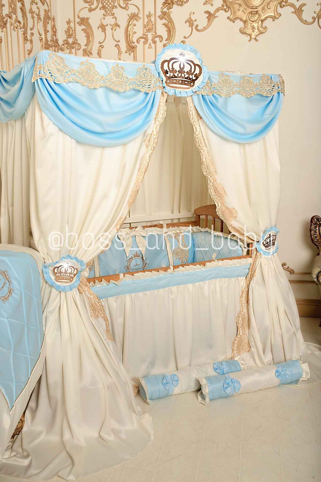 Luxury Baby Blue & Ivory Lace Bedding Set for Cribs