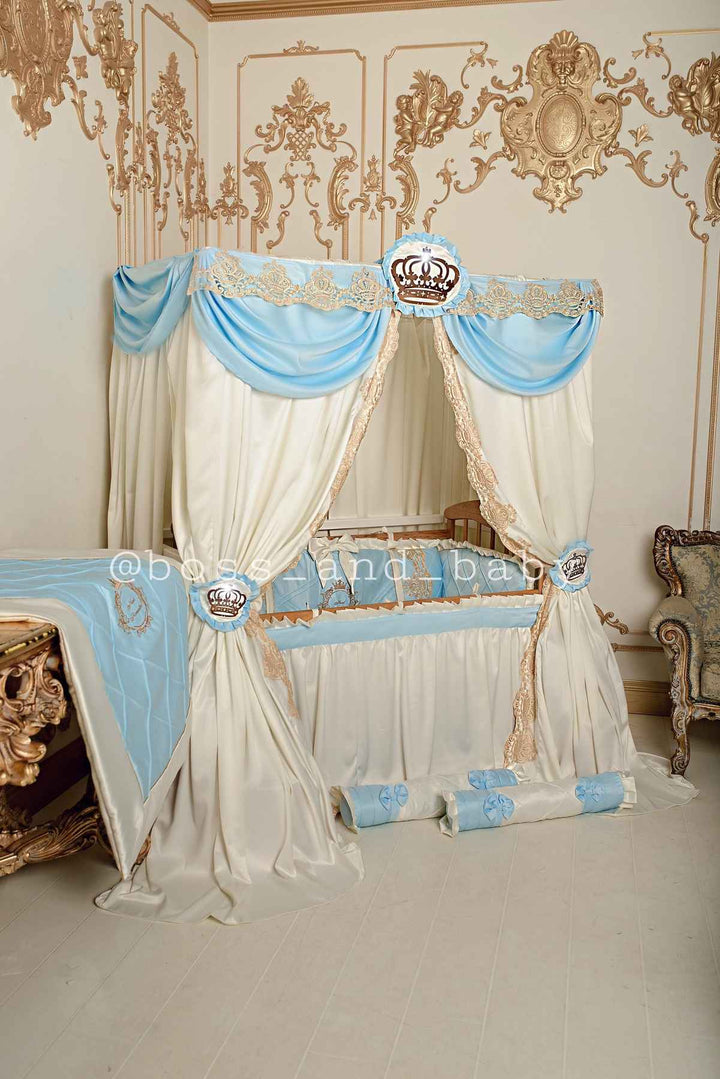 Luxury Baby Blue & Ivory Lace Bedding Set for Cribs