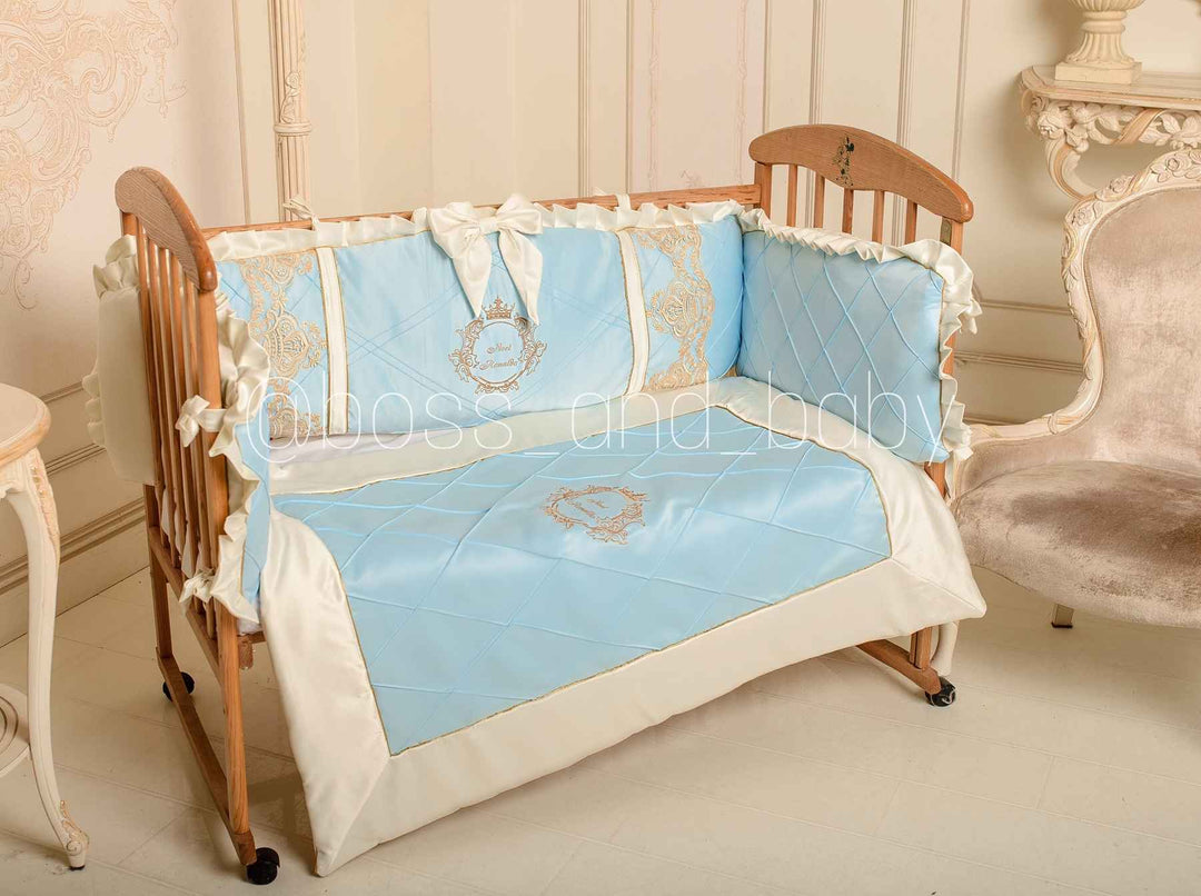 Luxury Baby Blue & Ivory Lace Bedding Set for Cribs