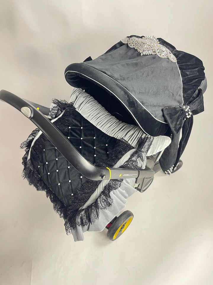 Luxury Black Velvet Baby Car Seat Cover – Lace & Rhinestone