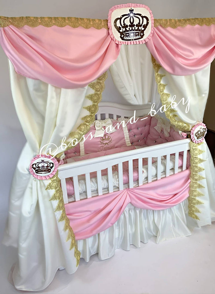 Luxury Pink Baby Girl Bedding Set with Lace & Rhinestones