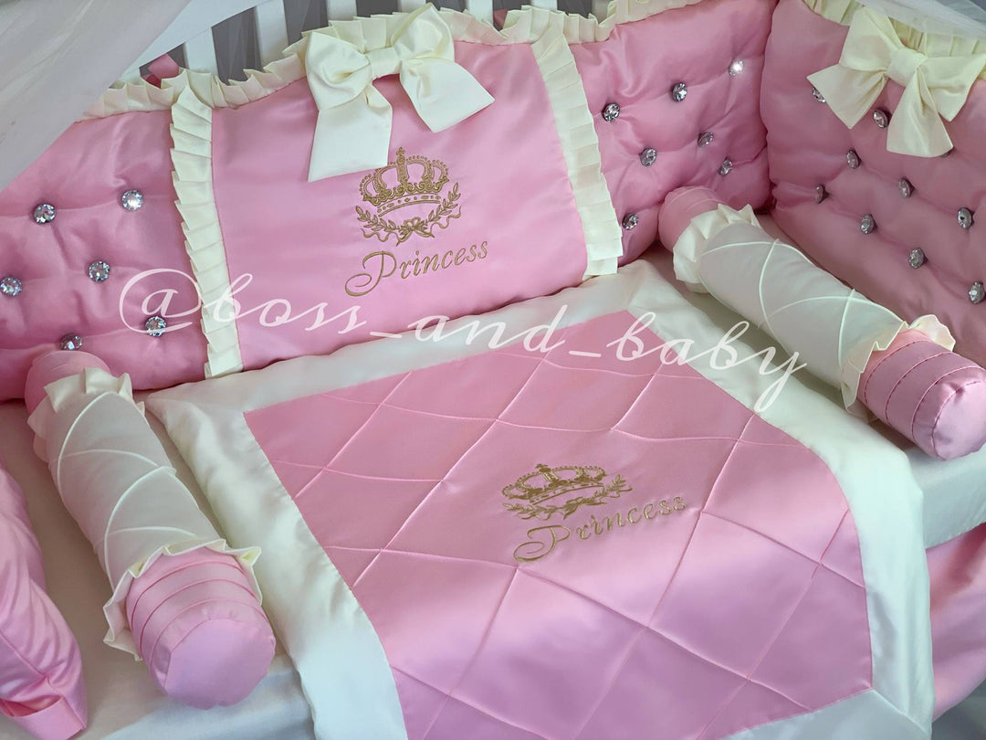 Luxury Pink Baby Girl Bedding Set with Lace & Rhinestones